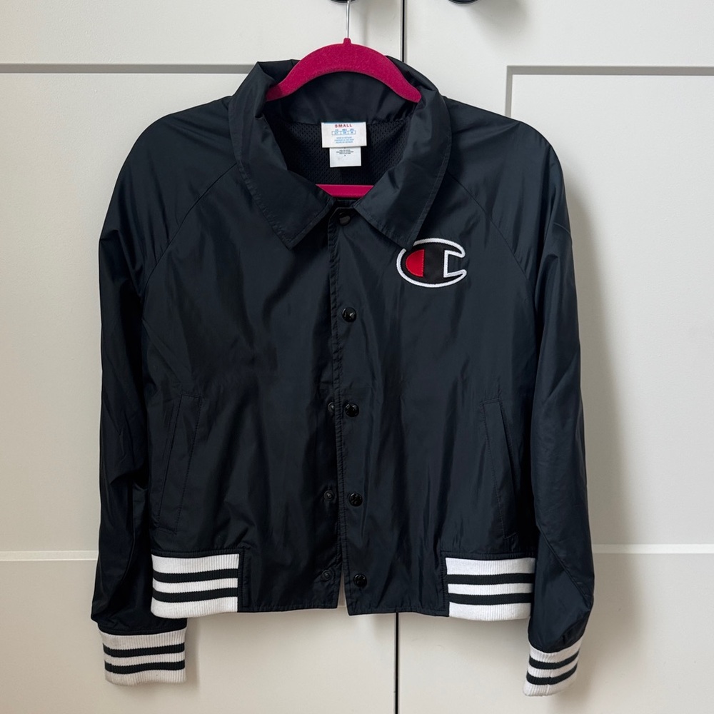 Champion Black Varsity-Style Coach Jacket with White Stripe Trim